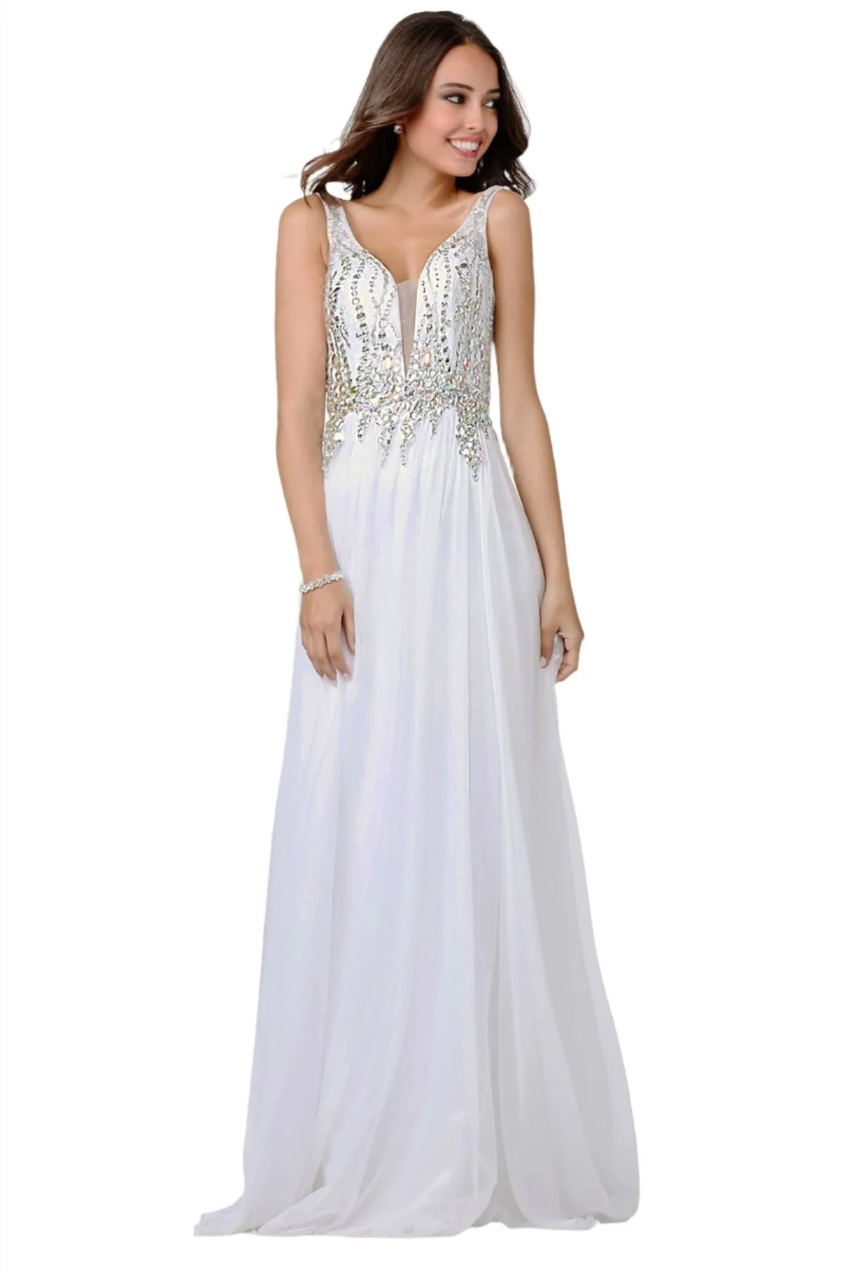 Jovani 22241 White size 0 Prom Dress Pageant Gown long chiffon Crystal Bodice V neck