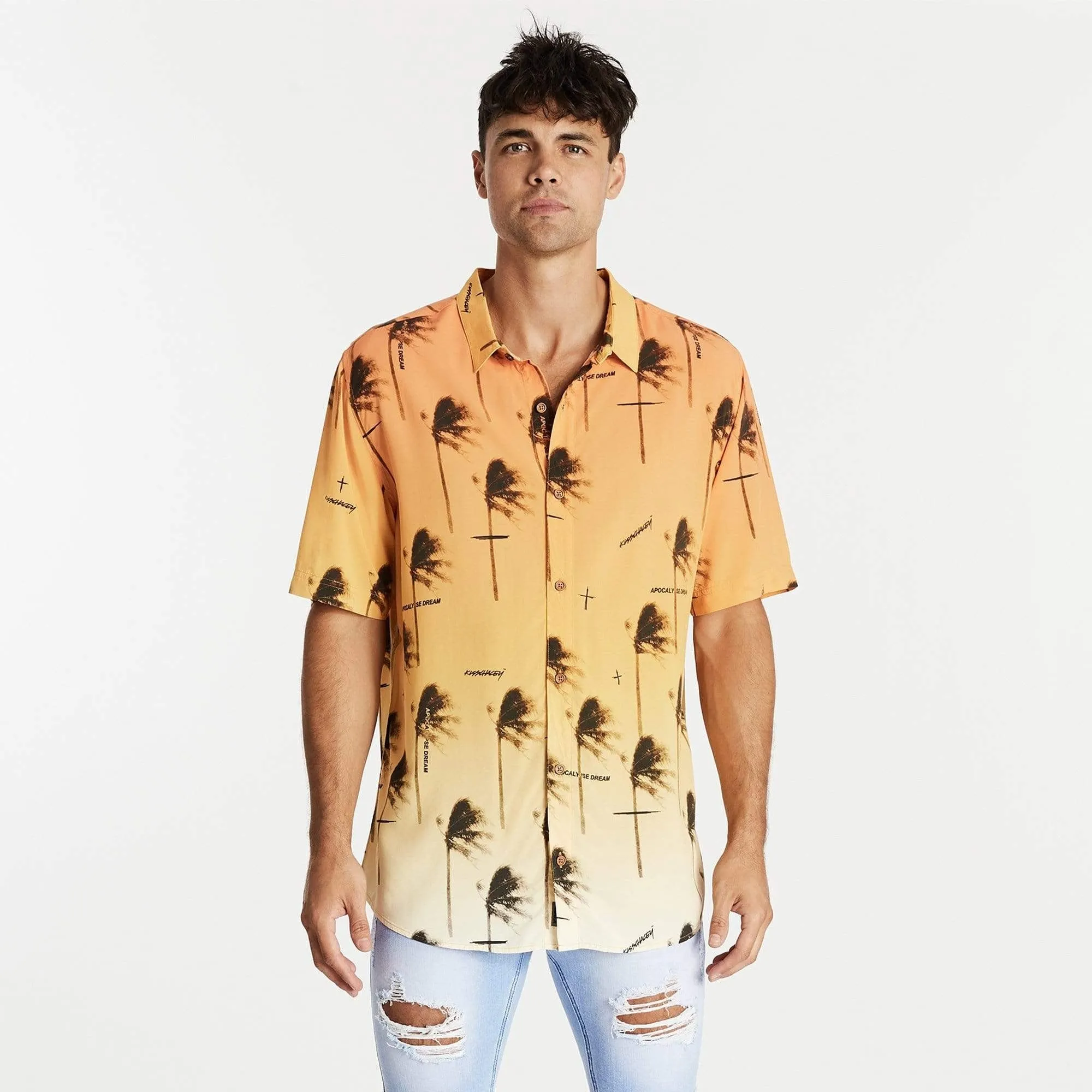 KISS CHACEY Mens Fires Relaxed Short Sleeve Shirt - Gradient Print