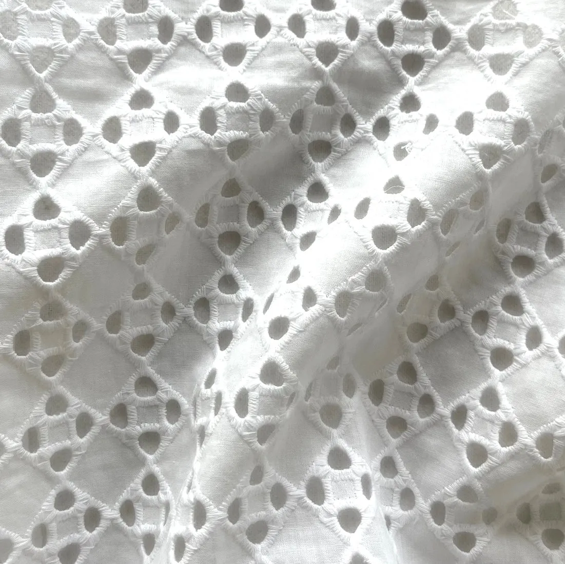 Light-Weight White Checkerboard Embroidered Cotton Eyelet (Made in Italy)