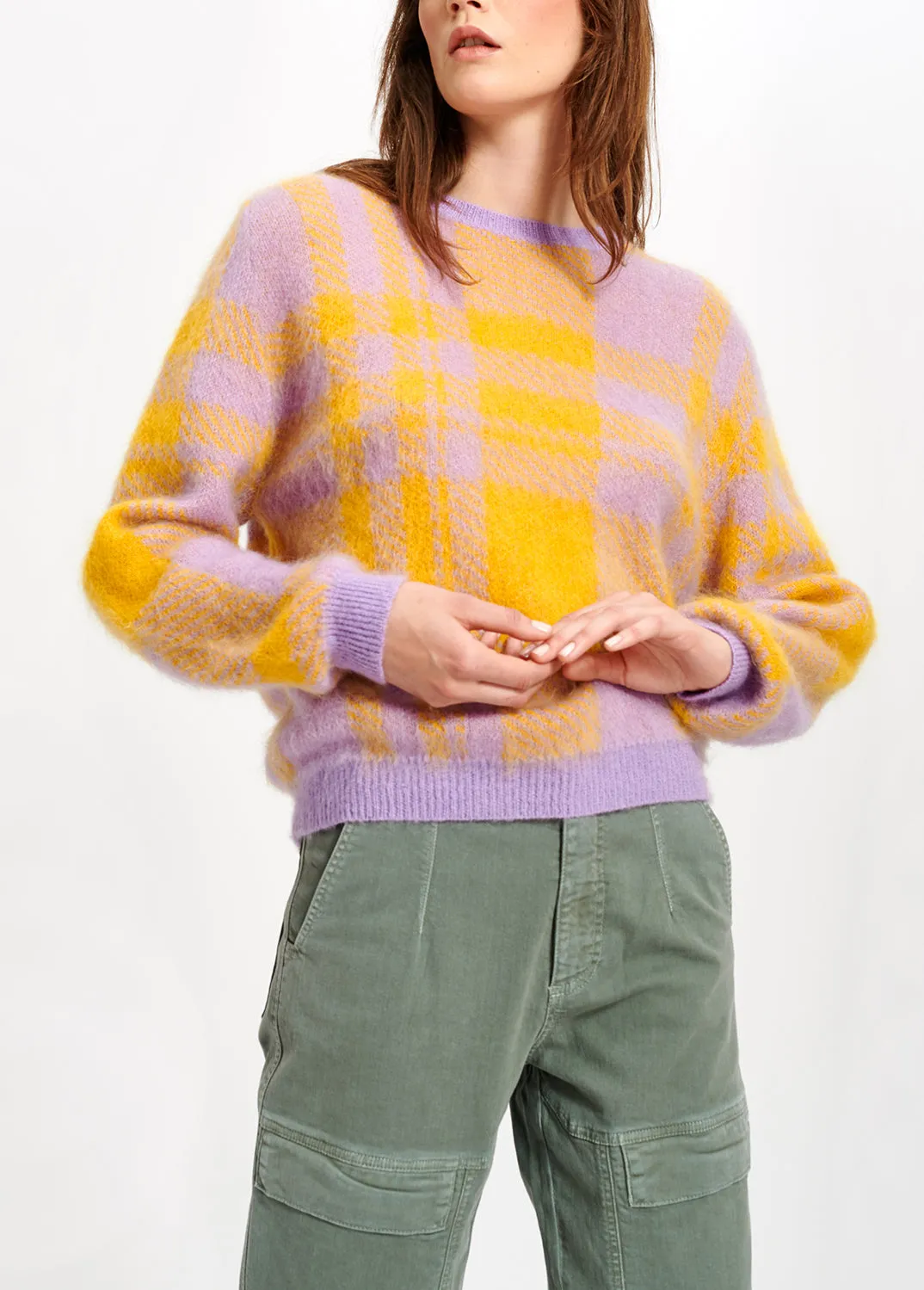 Lilac and yellow soft mohair plaid sweater