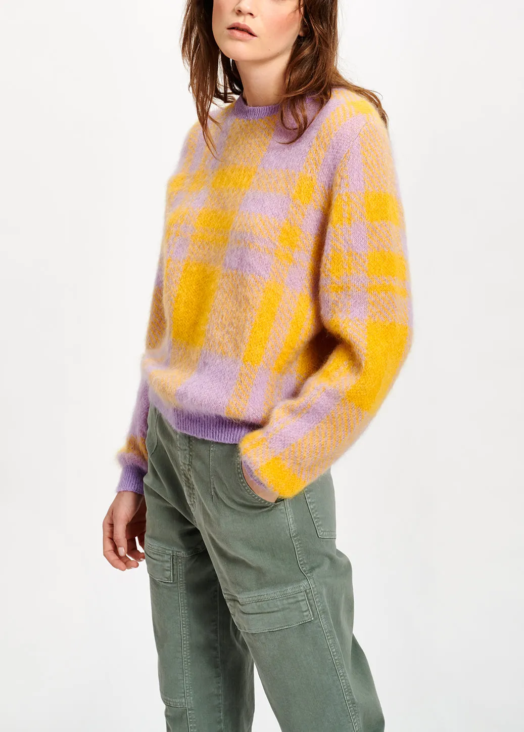 Lilac and yellow soft mohair plaid sweater