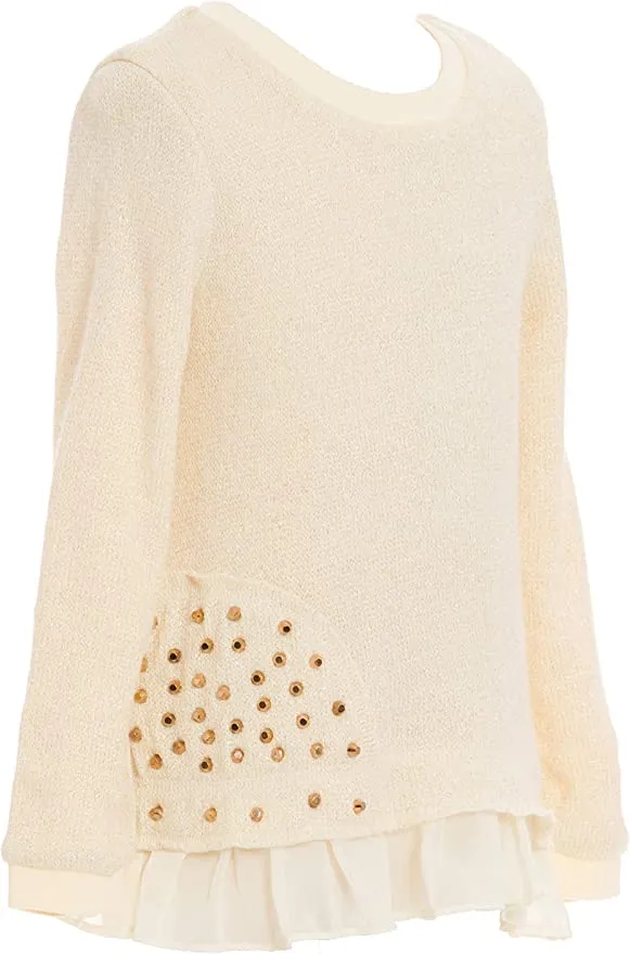 Little Girl’s Thin Knit Gold Stud Ruffle Pullover