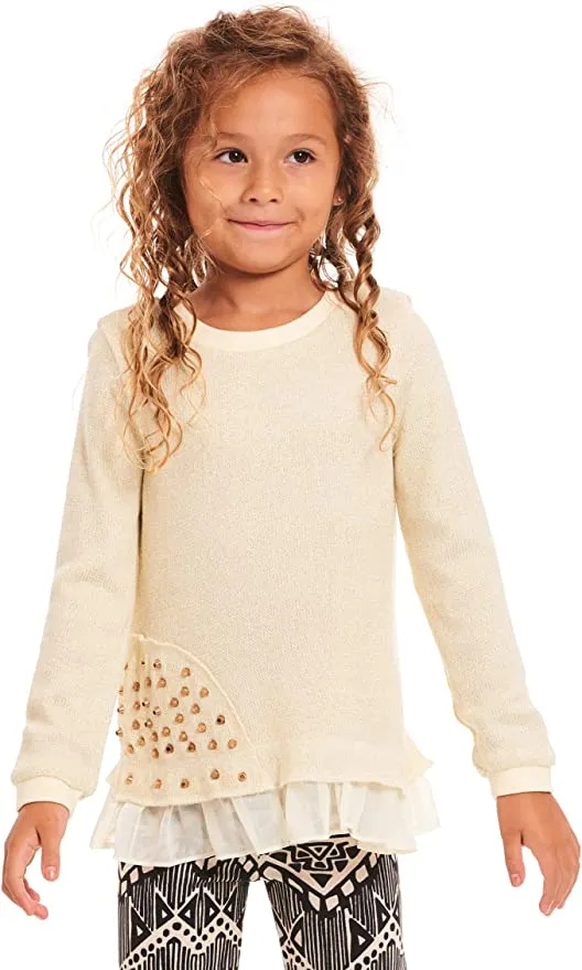 Little Girl’s Thin Knit Gold Stud Ruffle Pullover