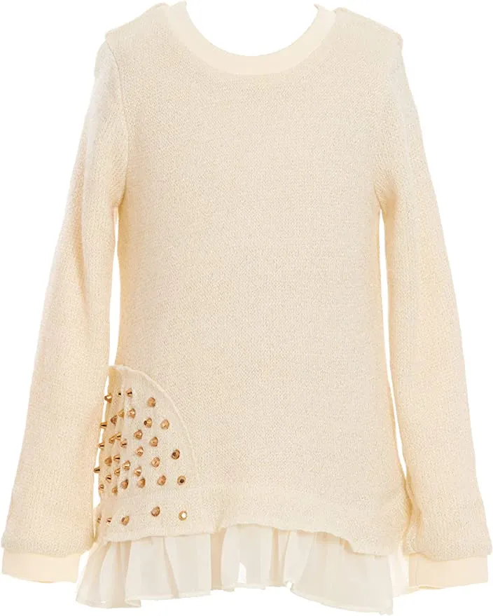 Little Girl’s Thin Knit Gold Stud Ruffle Pullover