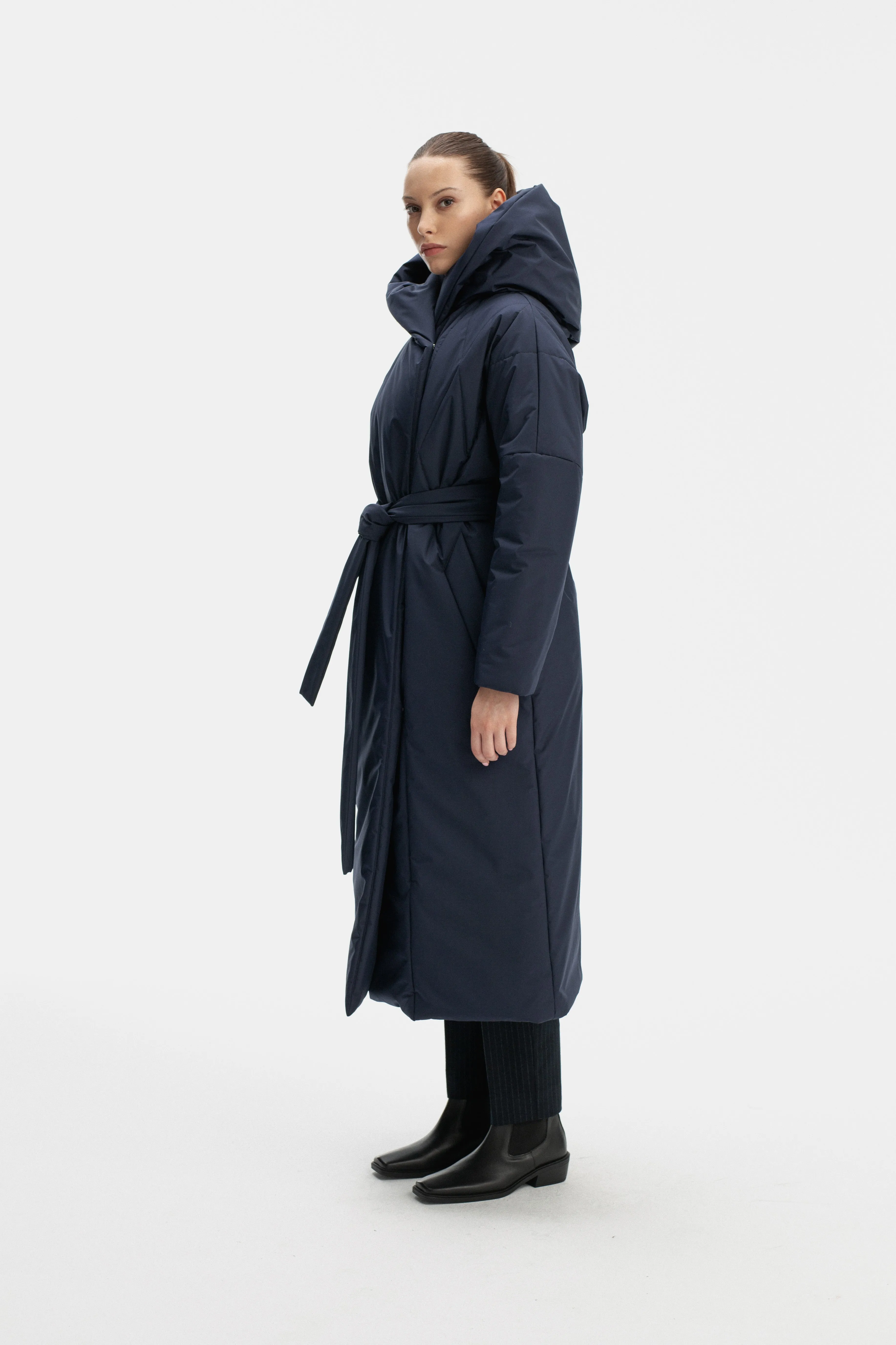 LONG PADDED COAT WITH HOOD IN BLUEBERRY