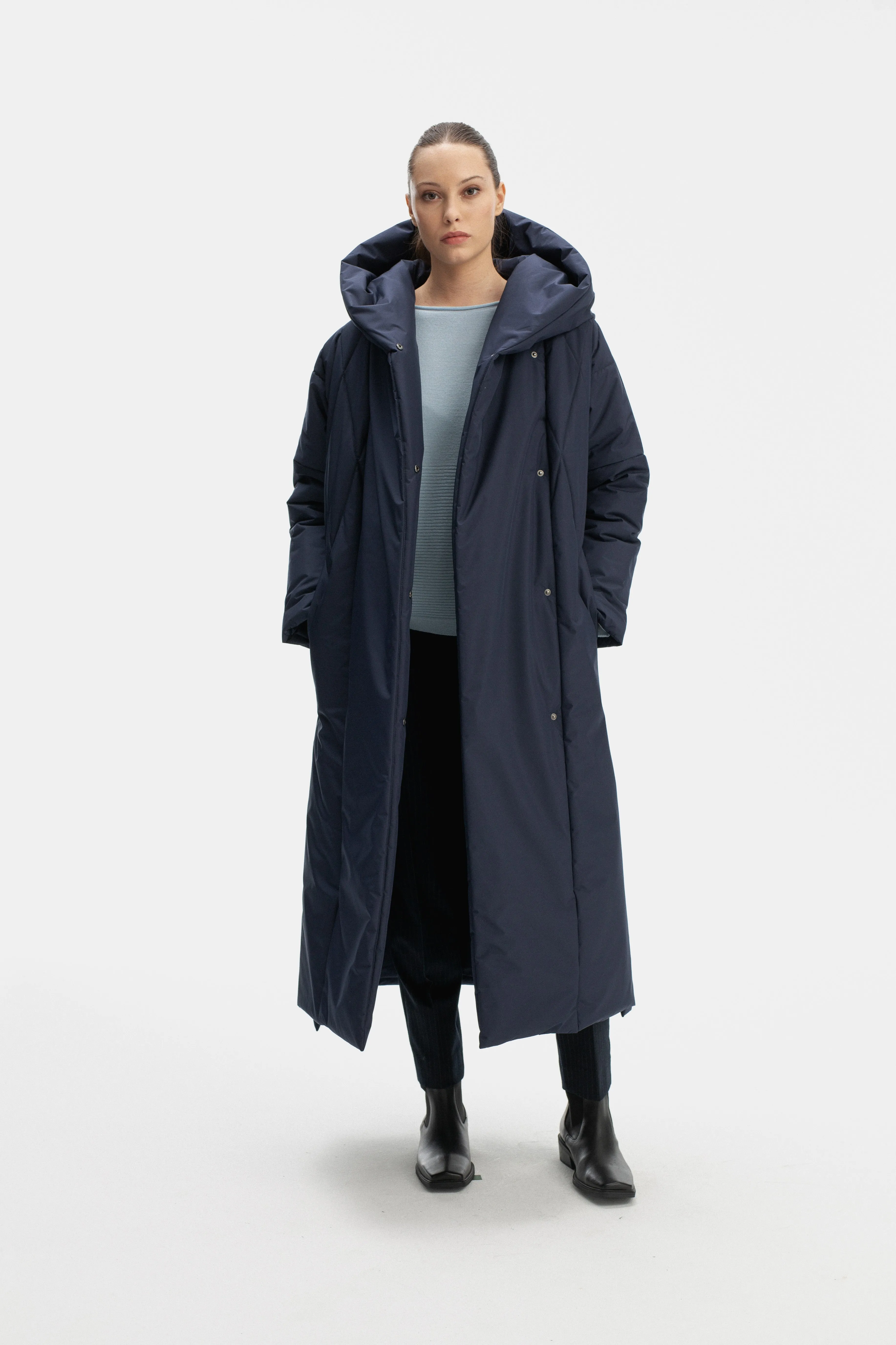 LONG PADDED COAT WITH HOOD IN BLUEBERRY