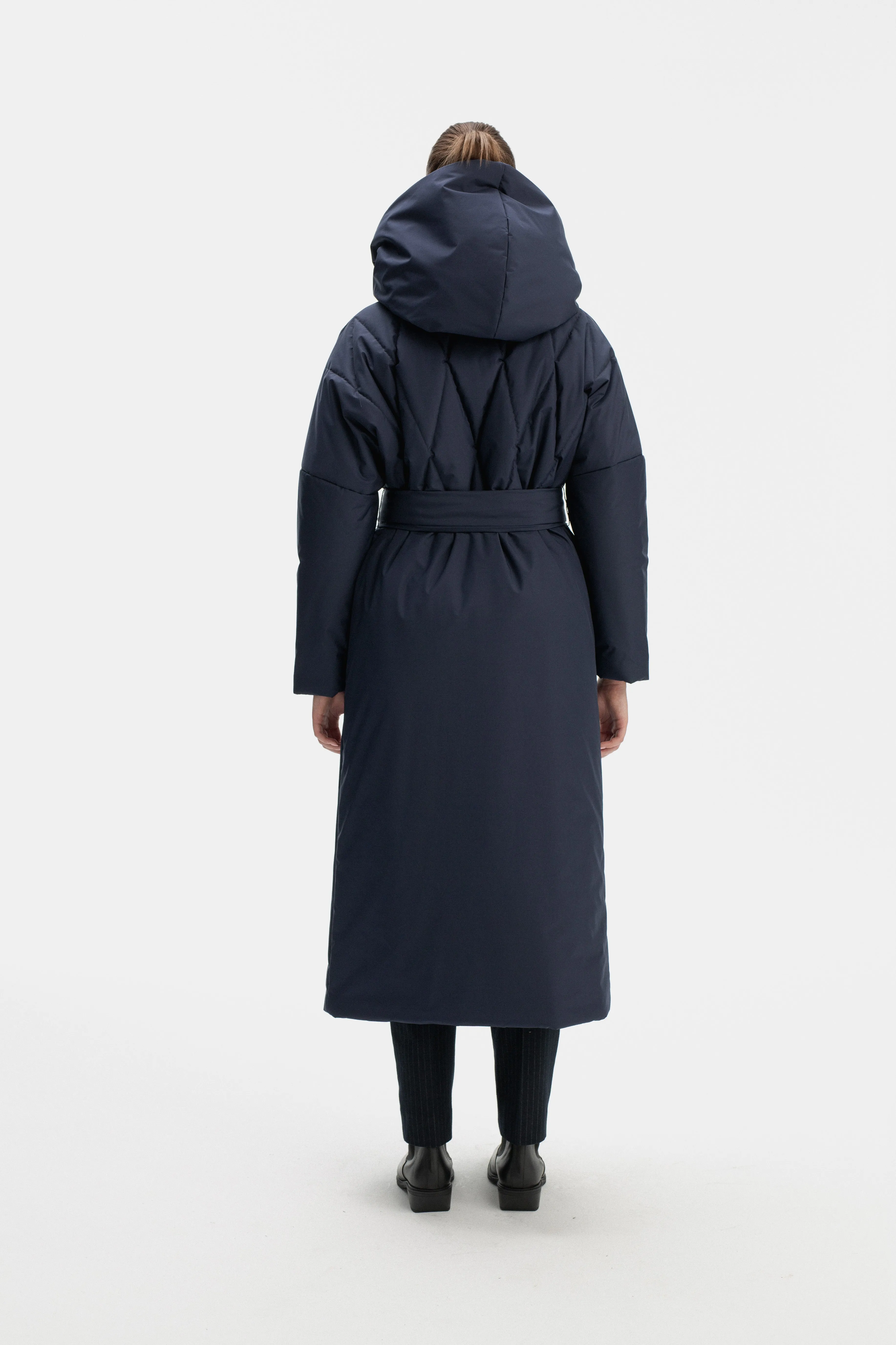 LONG PADDED COAT WITH HOOD IN BLUEBERRY