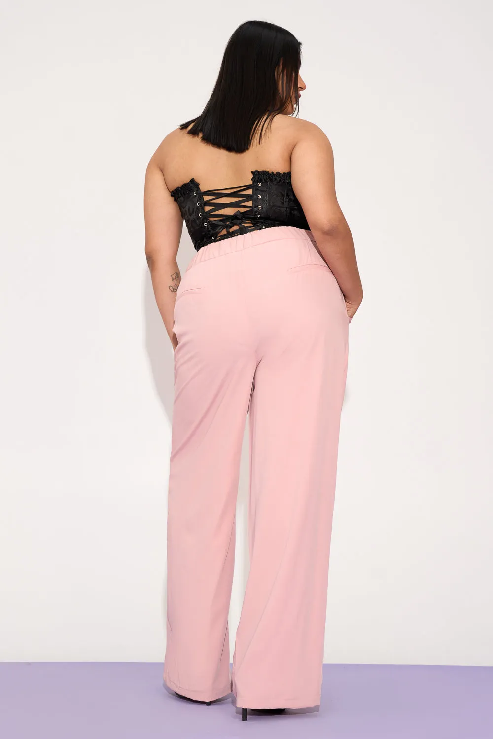 Luminous Pink Pleated Waistband Curve Korean Pants