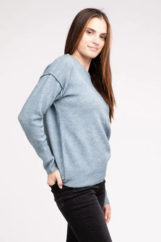 Melange Hi-Low Hem Round Neck Sweater - online exclusive