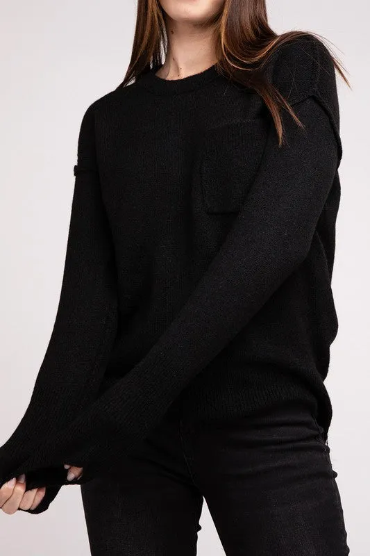 Melange Hi-Low Hem Round Neck Sweater - online exclusive