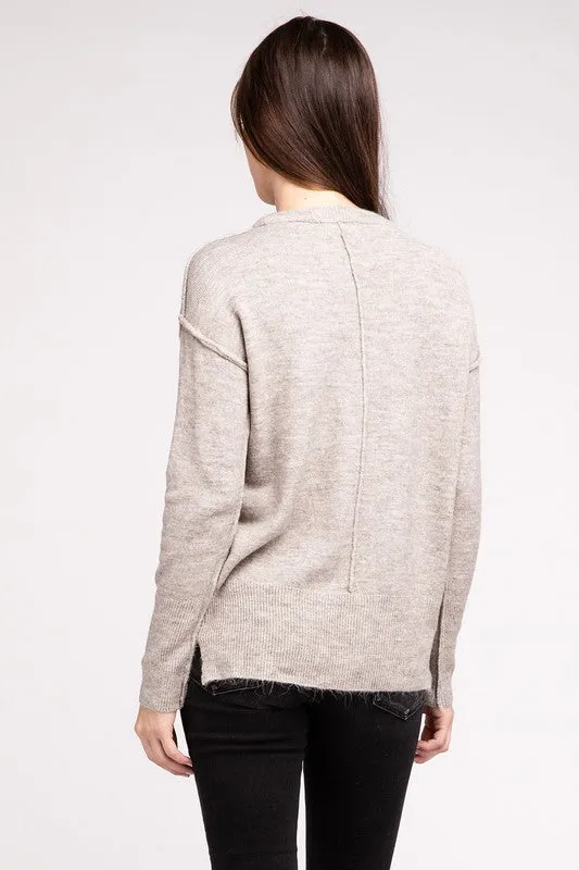 Melange Hi-Low Hem Round Neck Sweater - online exclusive