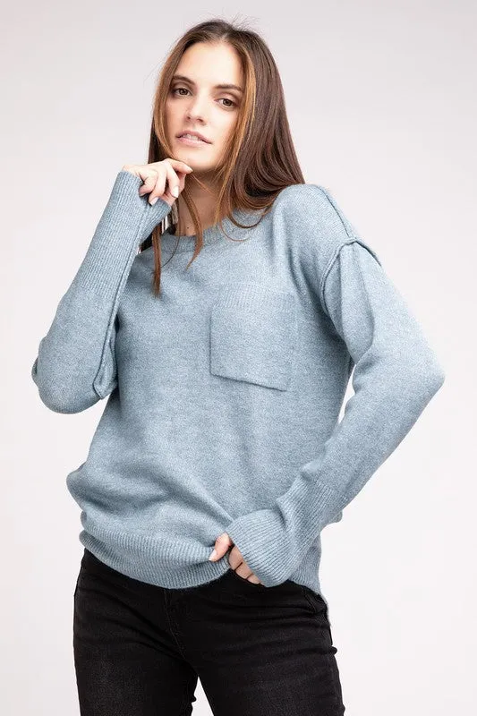 Melange Hi-Low Hem Round Neck Sweater - online exclusive