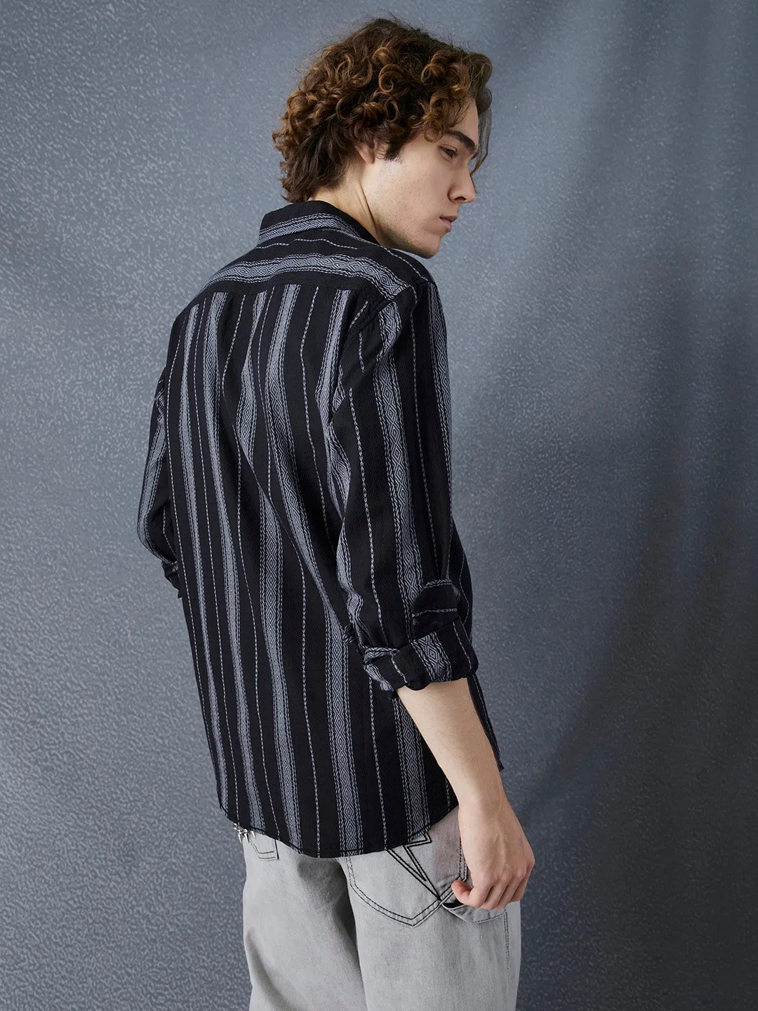 Men Relax Fit Premium Cotton Black And Grey Vertical Striped Casual Shirt