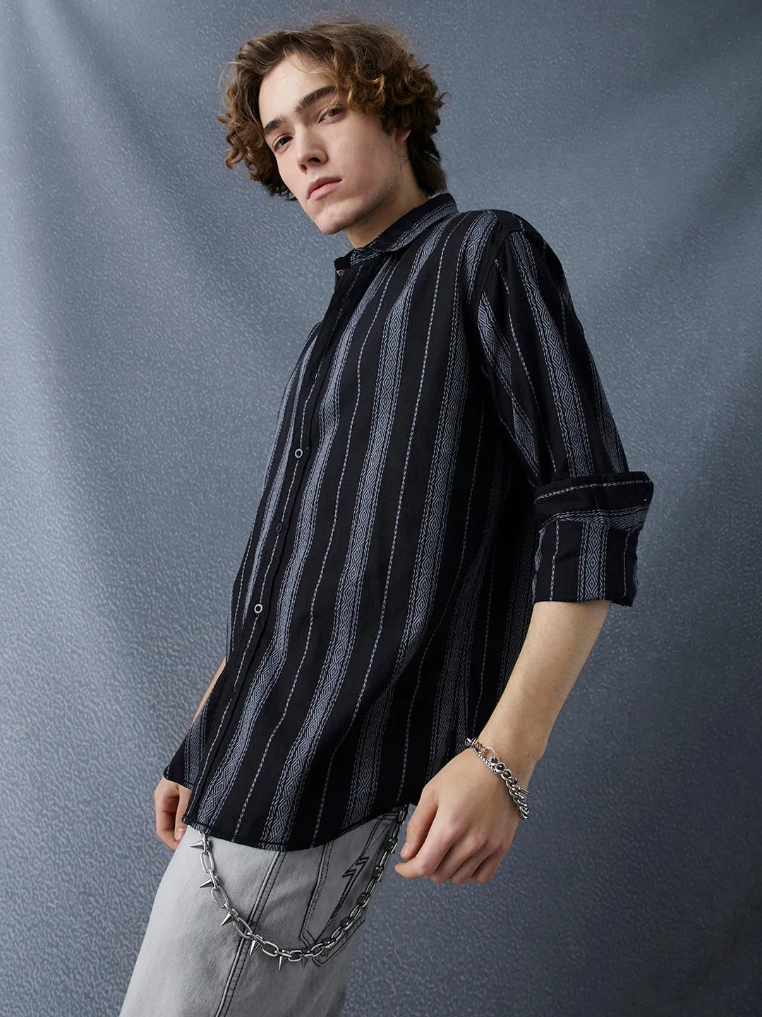 Men Relax Fit Premium Cotton Black And Grey Vertical Striped Casual Shirt