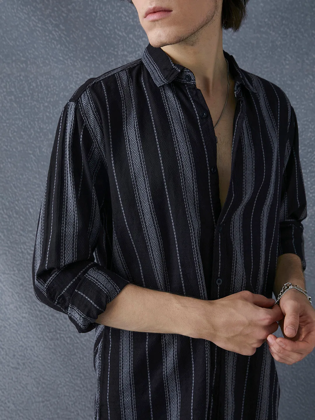 Men Relax Fit Premium Cotton Black And Grey Vertical Striped Casual Shirt