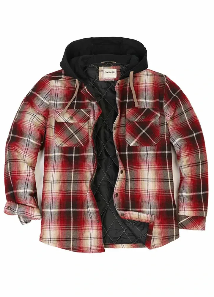 Men's Quilted Lined Hooded Flannel Shacket,Snap Button