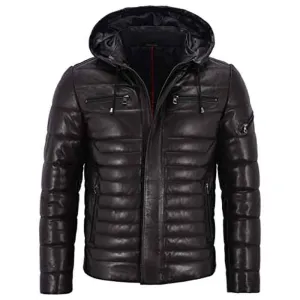 Men’s Real Leather Jacket Puffer Hooded Quilted Design 2021