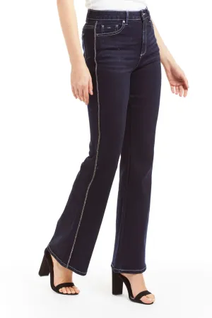 Mid Rise Bling Side Seam Piping Bootcut - Dark Indigo