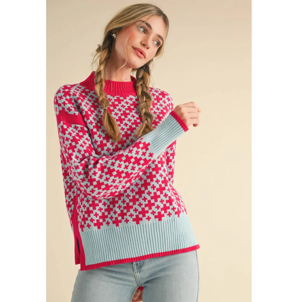 Mock Neck Geo Pattern Pullover Sweater