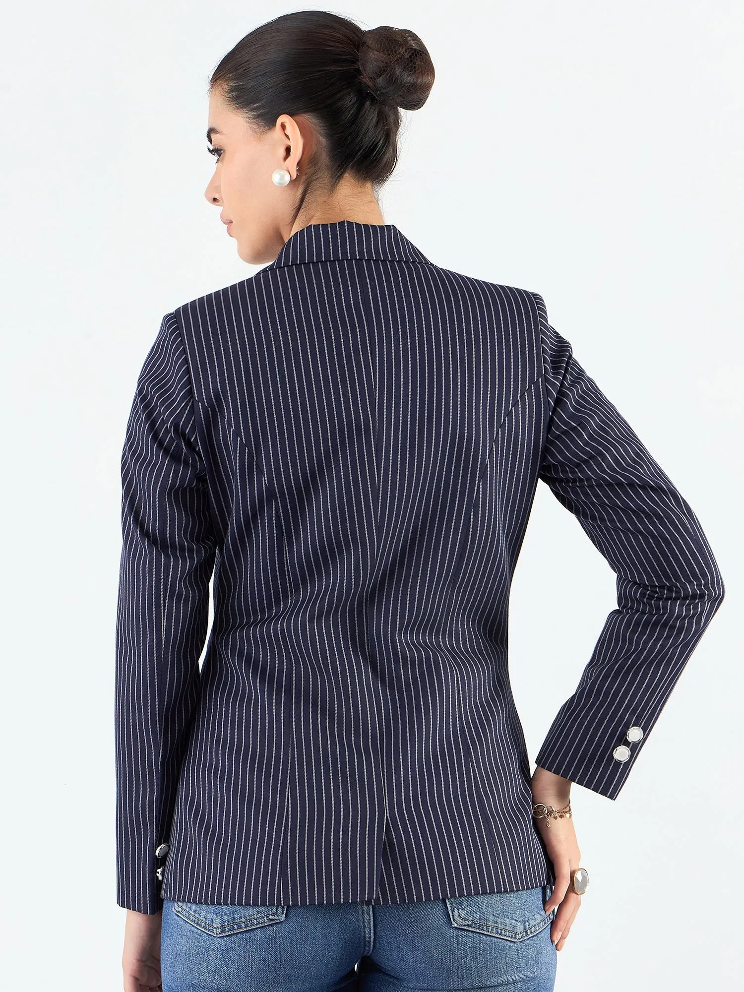 Navy Blue Polyester Striped Structured Notched Lapel Blazer