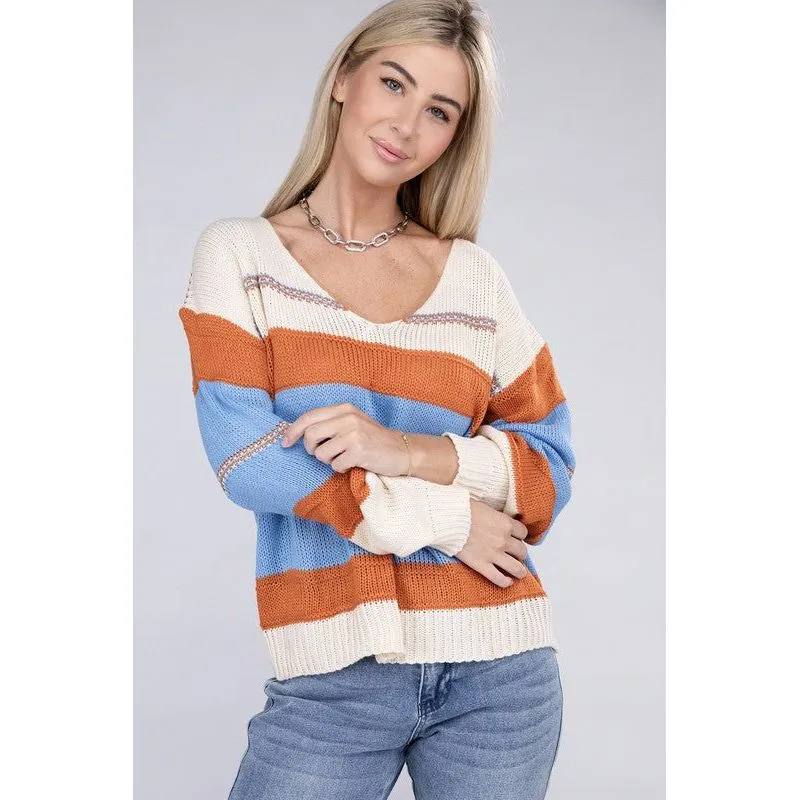 NUVI APPAREL Striped pattern Knit  V Neck Sweater