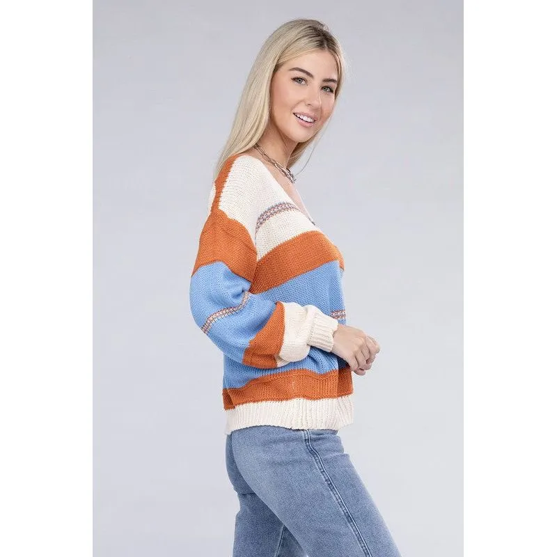 NUVI APPAREL Striped pattern Knit  V Neck Sweater