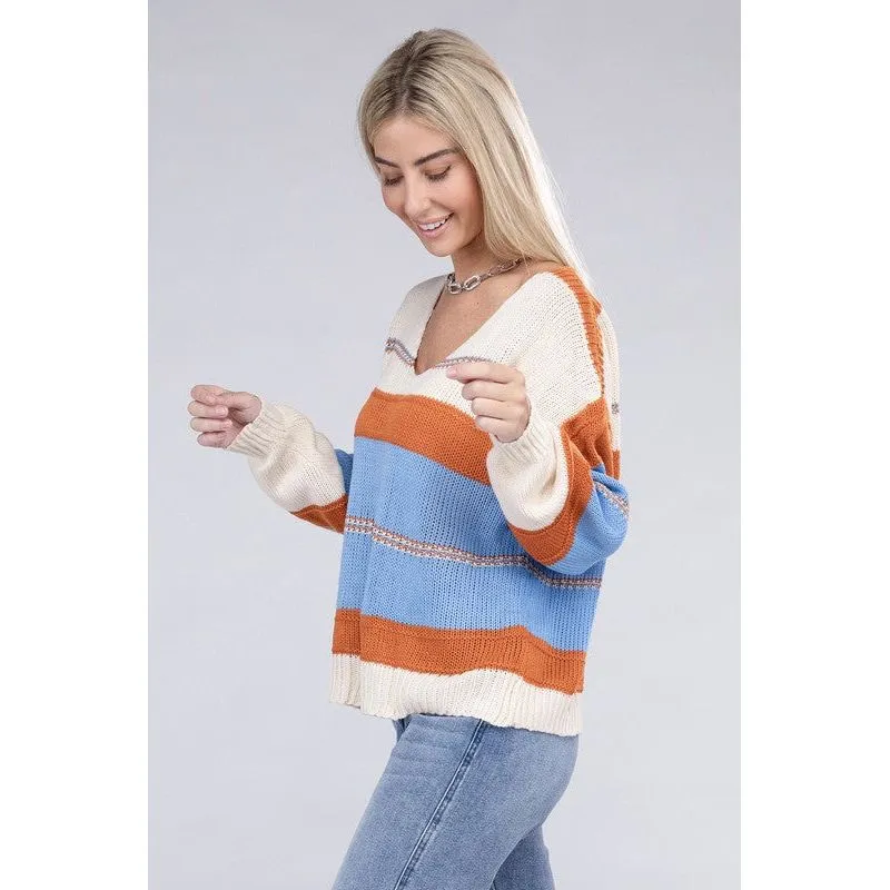 NUVI APPAREL Striped pattern Knit  V Neck Sweater