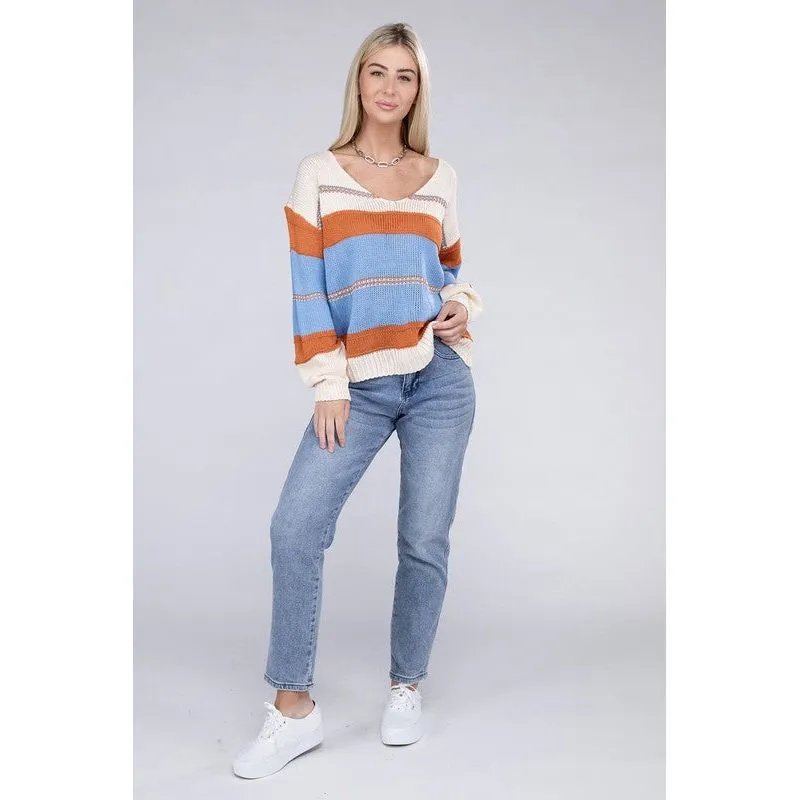 NUVI APPAREL Striped pattern Knit  V Neck Sweater