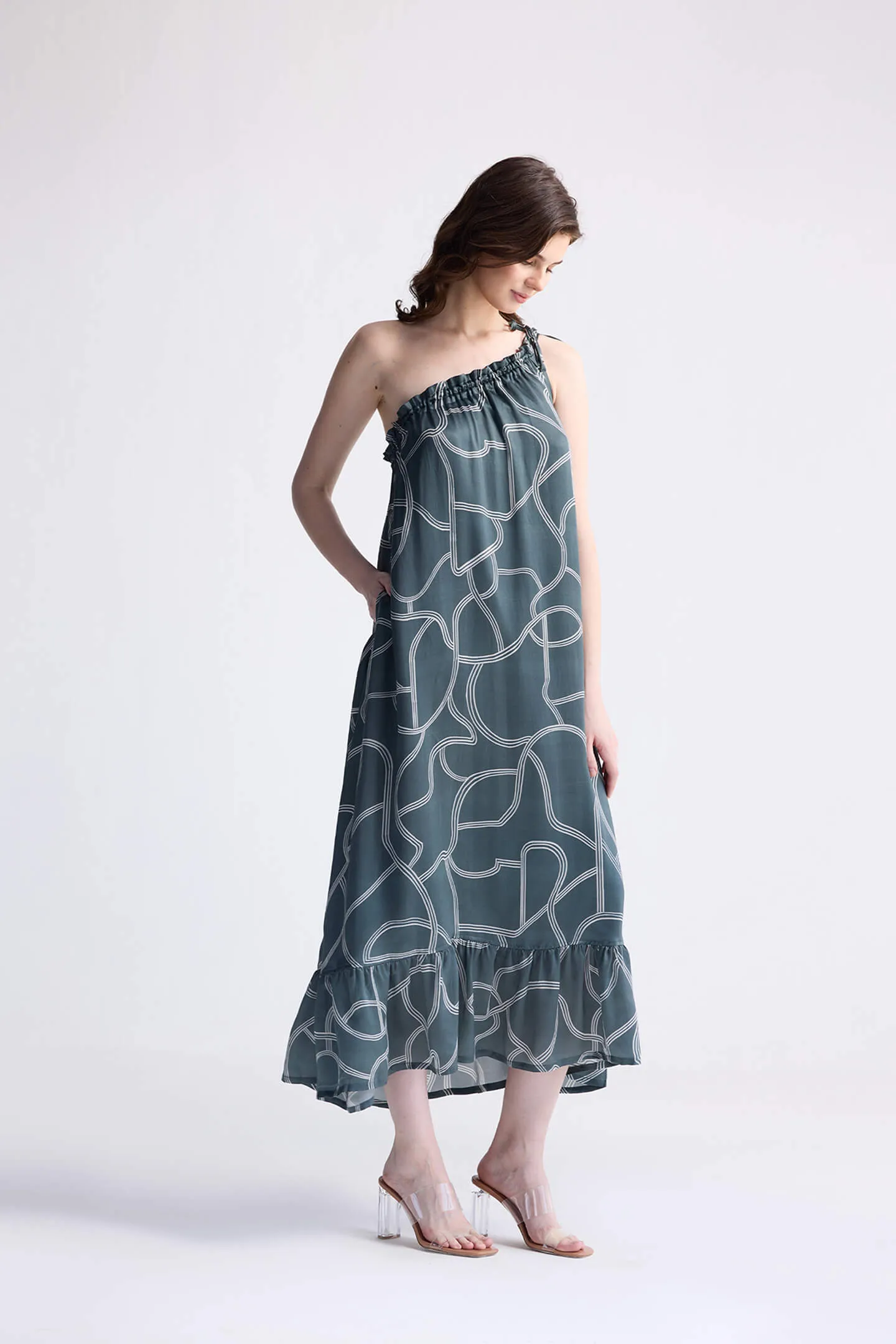 One Shoulder Maxi Dress in Abstract Stripes