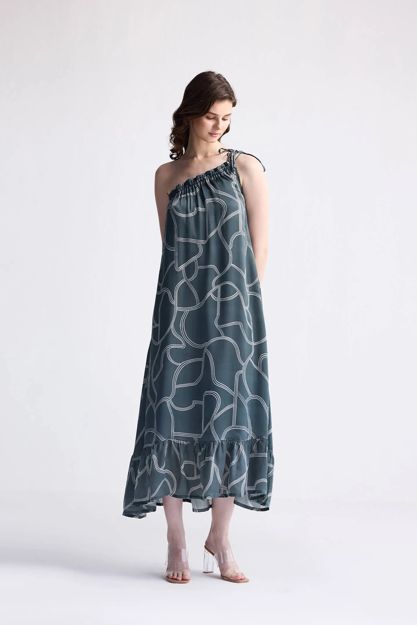 One Shoulder Maxi Dress in Abstract Stripes