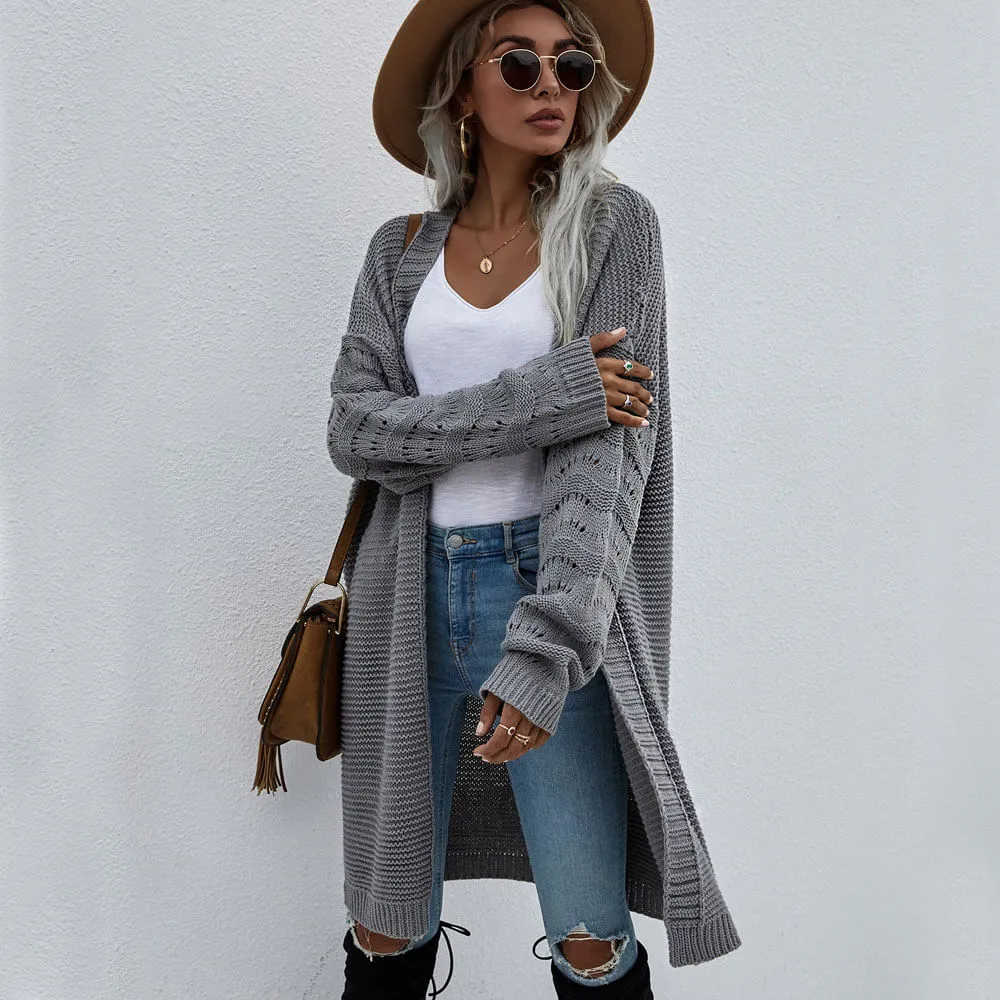 Oversized Drop Shoulder Textured Pointelle Rib Knit Open Front Cardigan