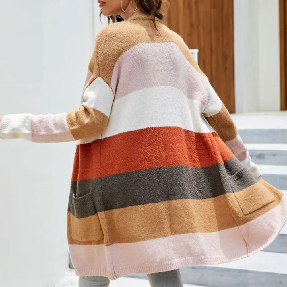 Oversized Multicolored Contrast Striped Pattern Open Front Knit Cardigan