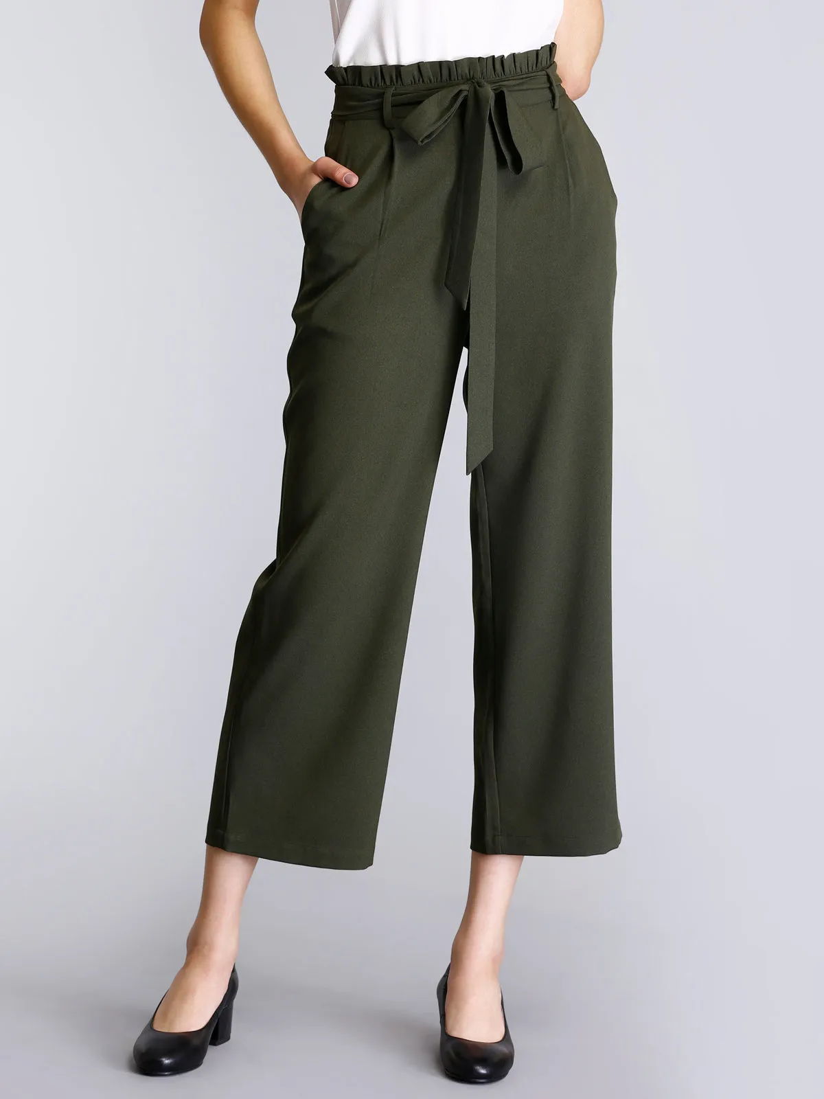 Paperbag Waist Tie Up Pants - Olive