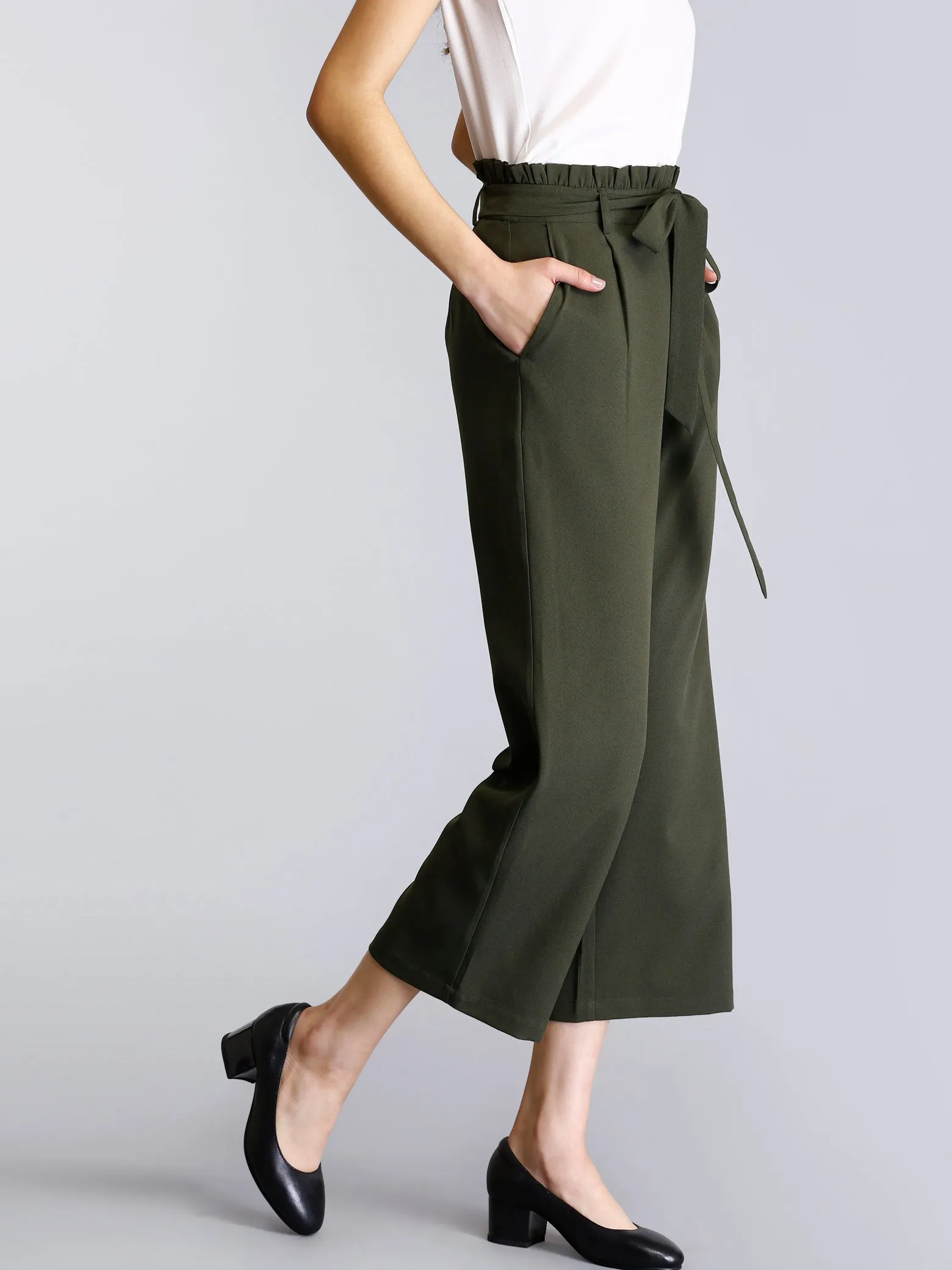 Paperbag Waist Tie Up Pants - Olive