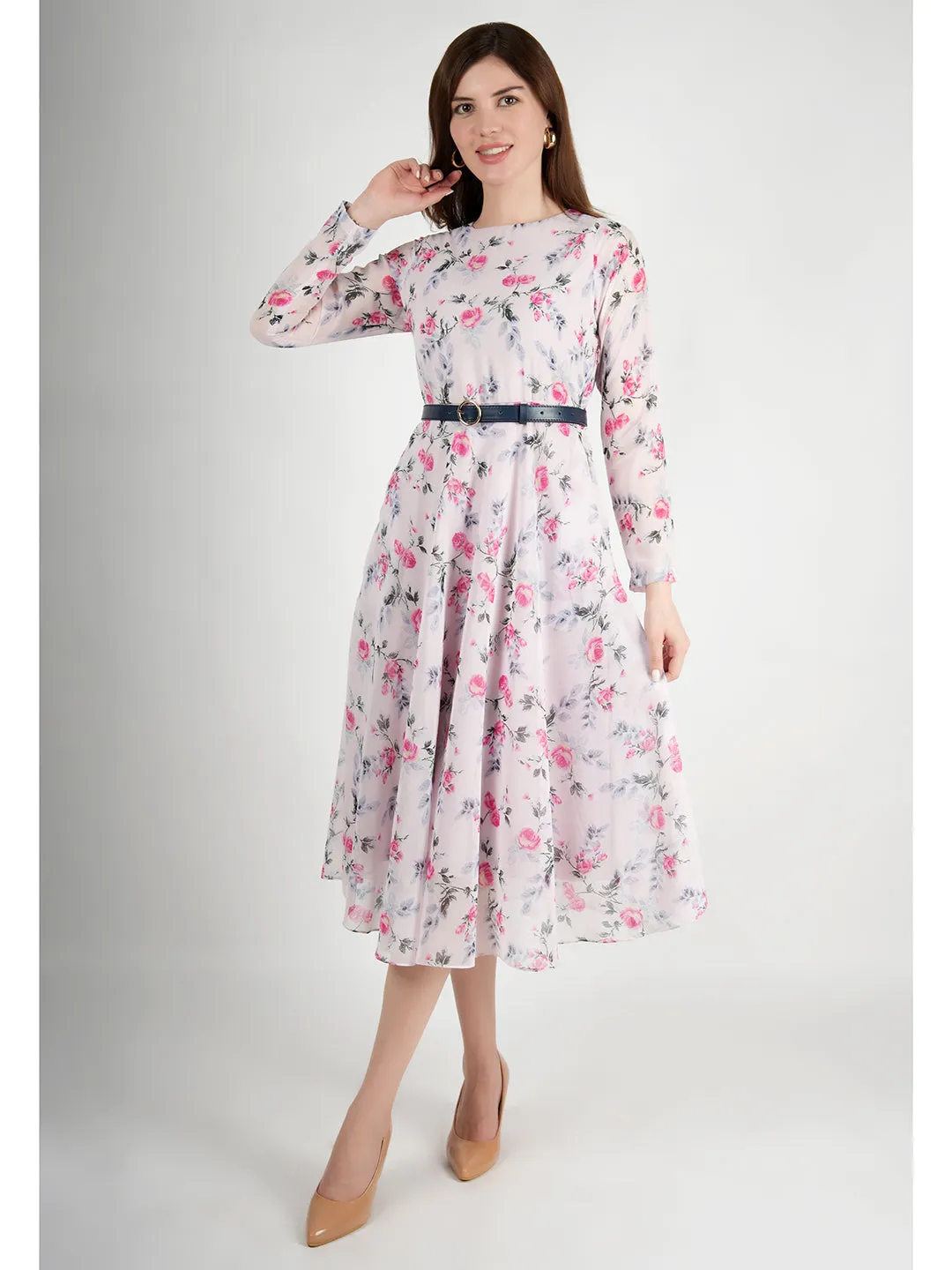 Pink Georgette Sunshine A-Line Dress With Belt