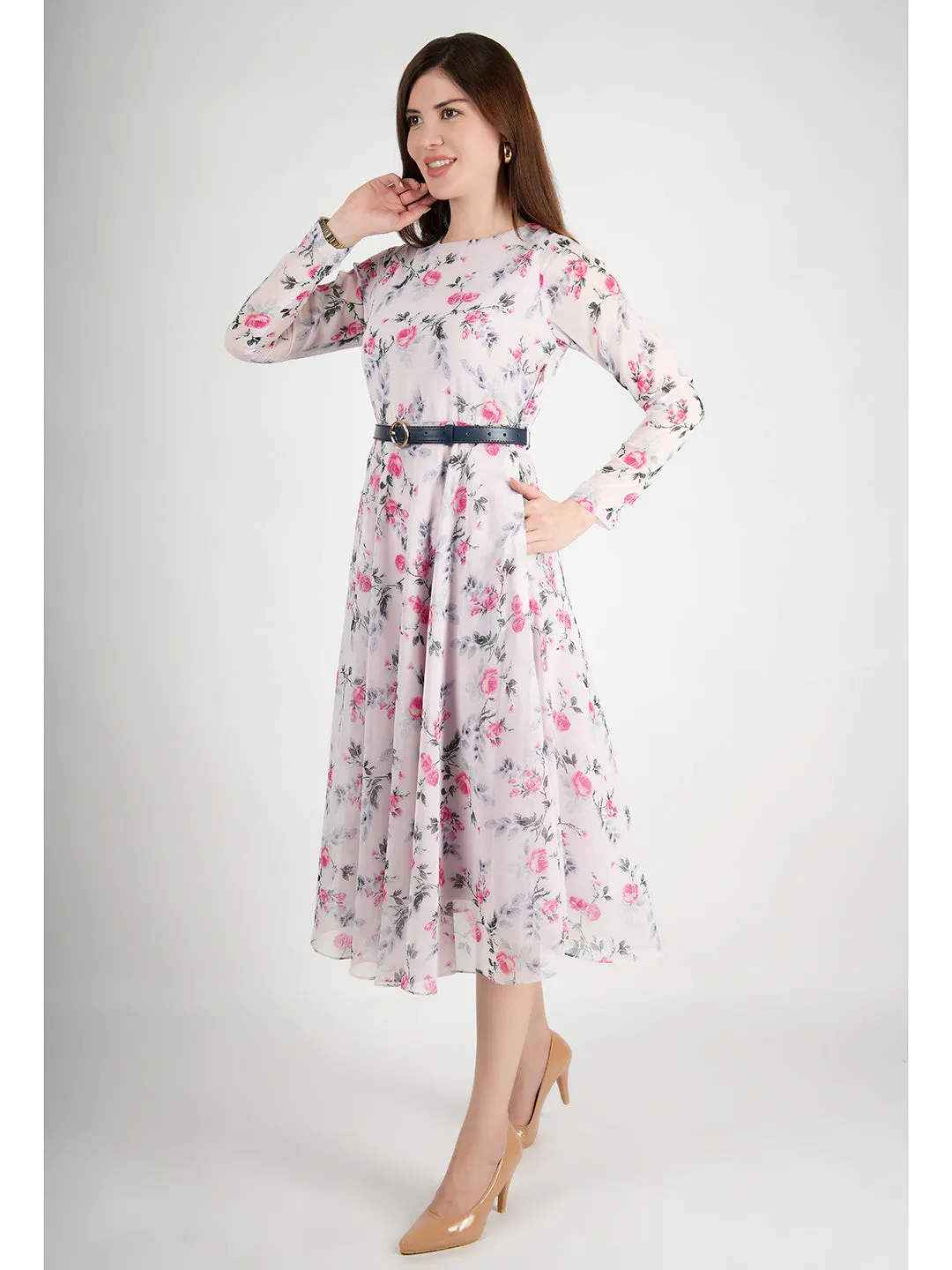 Pink Georgette Sunshine A-Line Dress With Belt