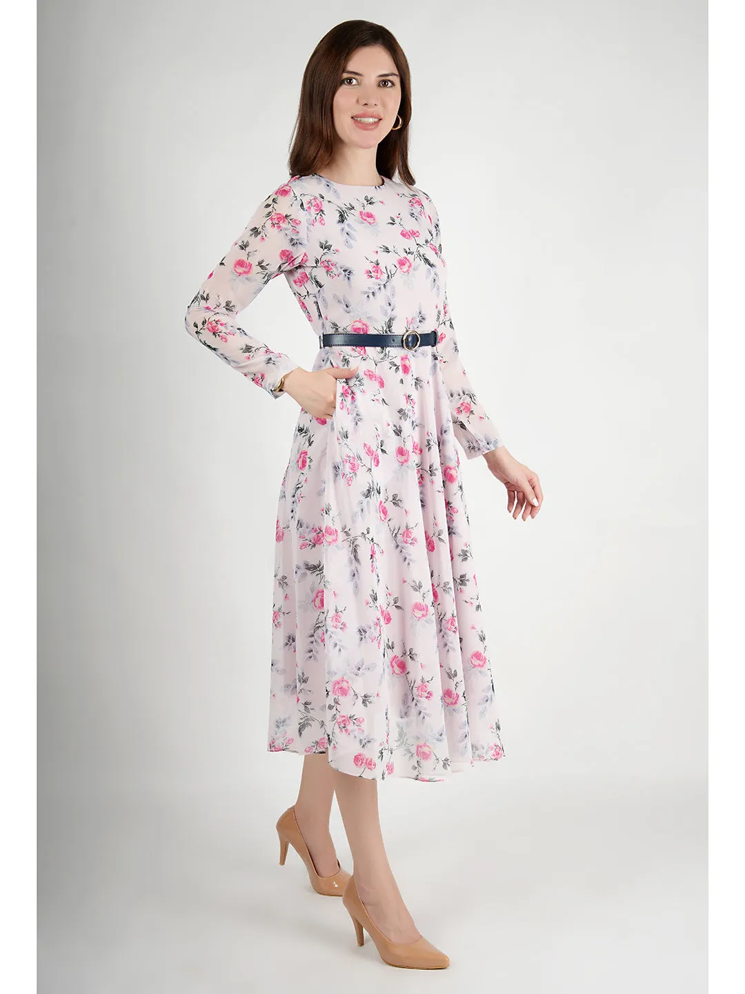 Pink Georgette Sunshine A-Line Dress With Belt