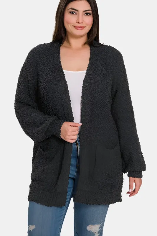 Plus Puff Sleeve Popcorn Cardigan With Pockets