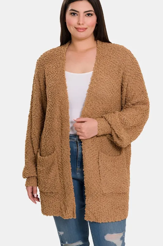 Plus Puff Sleeve Popcorn Cardigan With Pockets