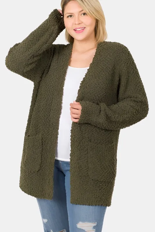 Plus Puff Sleeve Popcorn Cardigan With Pockets