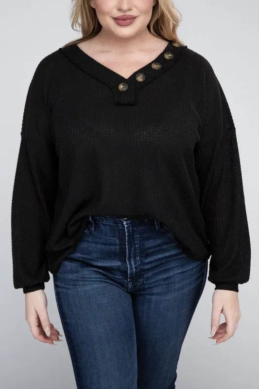 Plus Size Brushed Waffle V-Neck Button Detail Sweater