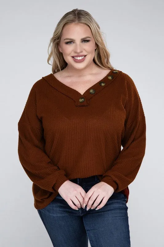 Plus Size Brushed Waffle V-Neck Button Detail Sweater