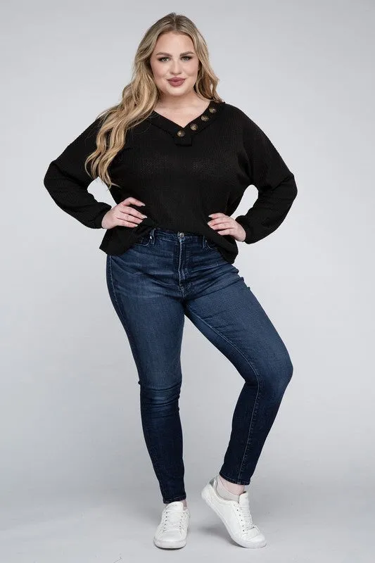 Plus Size Brushed Waffle V-Neck Button Detail Sweater