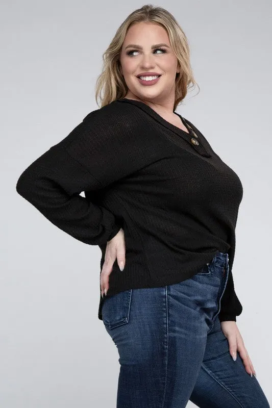 Plus Size Brushed Waffle V-Neck Button Detail Sweater