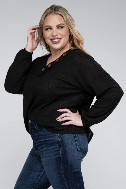 Plus Size Brushed Waffle V-Neck Button Detail Sweater