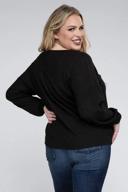 Plus Size Brushed Waffle V-Neck Button Detail Sweater