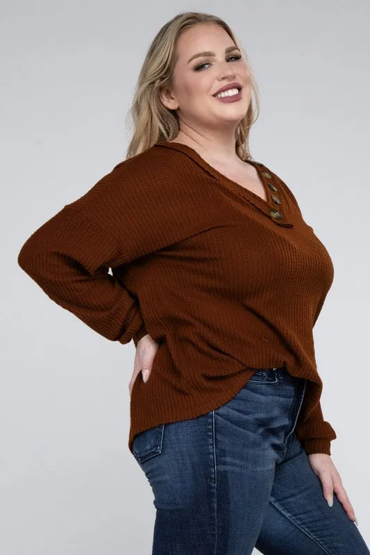 Plus Size Brushed Waffle V-Neck Button Detail Sweater