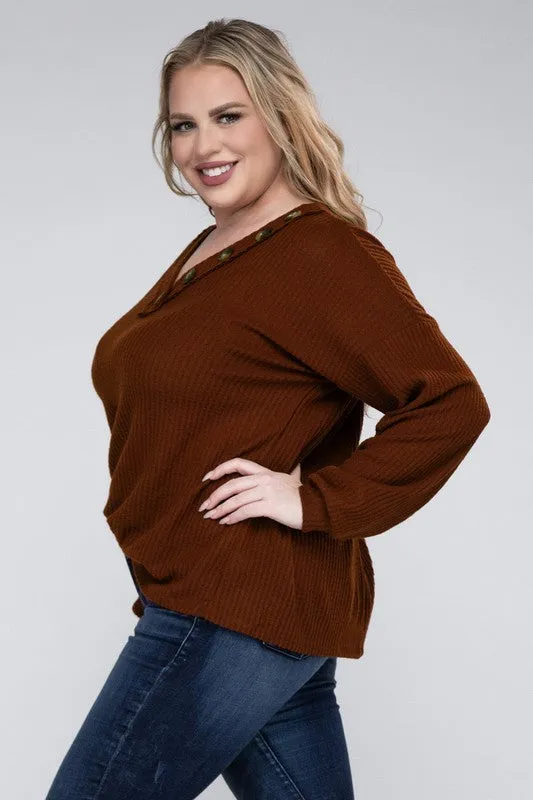 Plus Size Brushed Waffle V-Neck Button Detail Sweater