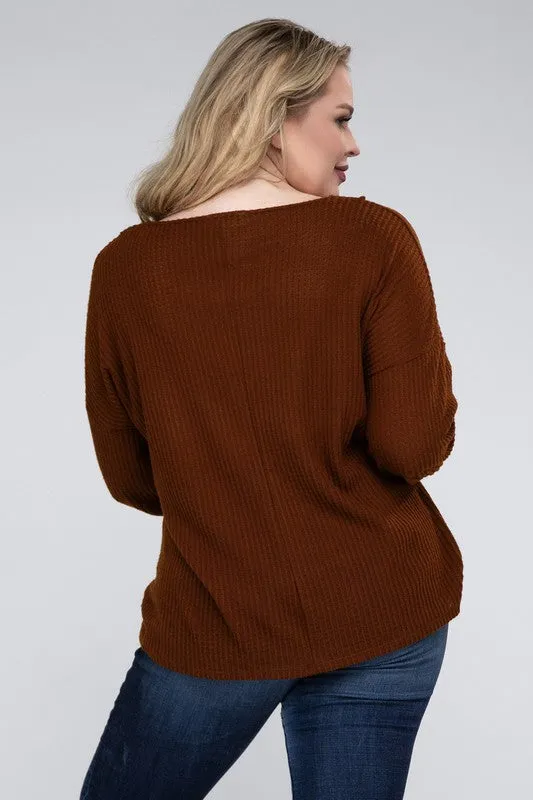 Plus Size Brushed Waffle V-Neck Button Detail Sweater