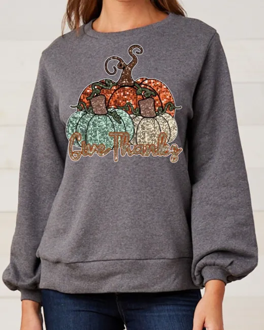 Pumpkin Fall Give Thanks Faux Glitter Women's Sweater Variety Fall Thanksgiving Tops